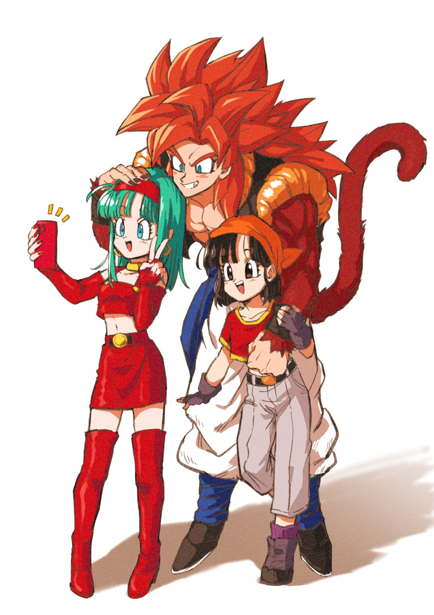 biceps, black_footwear, black_hair, blue_eyes, bra_(dragon_ball), brown_eyes, cellphone, denim