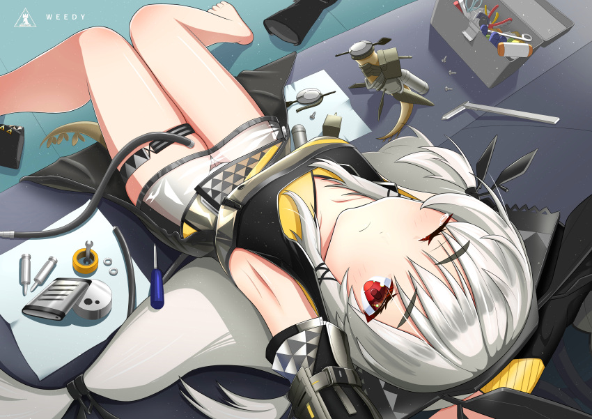1girl, absurdres, arknights, armpits, arms_behind_head, bangs, bare_legs, bare_shoulders, black_footwear, black_gloves, bolt, boots, boots_removed, commentary_request, couch, detached_sleeves, gloves, grey_jacket, highres, indoors, jacket, klbxpsdqjre0d2l, knees_together_feet_apart, leaf_(arknights), long_hair, long_sleeves, looking_at_viewer, low-tied_long_hair, one_eye_closed, red_eyes, screwdriver, sidelocks, silver_hair, sitting, solo, stretch, thigh_strap, thighs, toolbox, very_long_hair, weedy_(arknights), wrench
