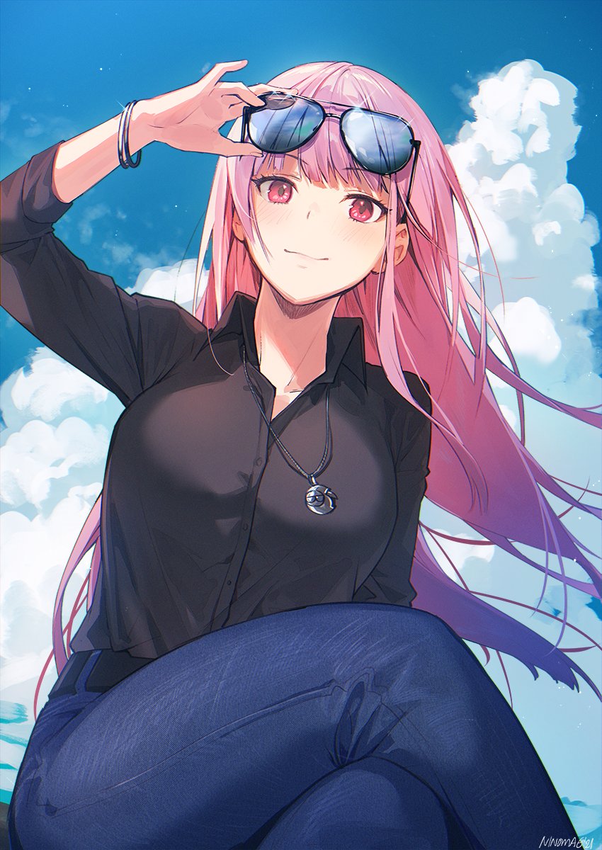 1girl, alternate_costume, belt, black_shirt, blue_sky, bracelet, clouds, crossed_legs, death-sensei_(mori_calliope), denim, eyewear_on_head, highres, hololive, hololive_english, jeans, jewelry, long_hair, looking_at_viewer, mori_calliope, necklace, ninomae_ina'nis_(artist), pants, pink_eyes, pink_hair, shirt, signature, sitting, sky, sunglasses, wind