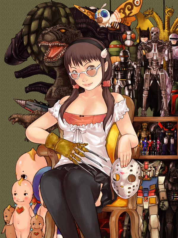 alien_(movie), batman, boba_fett, bookshelf, brown_hair, chair, claws, darth_vader, dc_comics, doraemon, figure, freddy_krueger, freddy_kruger, friday_the_13th, fujoshi, gamera_(series), gamera_(turtle), gavan, glasses, godzilla, godzilla_(series), goutengou, gundam, hizack, kaijuu, kaitei_gunkan_(tokusatsu), kamen_rider, kamen_rider_1, kewpie_doll, king_ghidorah, kusagami_style, lips, mask, mazinger_z, mazinger_z_(mecha), mecha, mobile_suit_gundam, mothra, ninja_turtles, original, otaku, predator, predator_(film), raphael, robocop, rx-78-2, star_wars, super_atragon, super_sentai, t-800, teenage_mutant_ninja_turtles, terminator, thigh-highs, thighhighs, toy, uchuu_keiji_gavan, xenomorph, zaku_ii