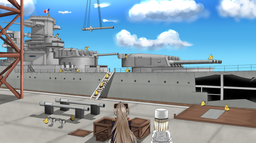 2girls, azur_lane, blonde_hair, blue_sky, brown_hair, clouds, crate, from_behind, highres, jean_bart_(azur_lane), jean_bart_(battleship), le_terrible_(azur_lane), manjuu_(azur_lane), multiple_girls, musanix, ponytail, shipyard, sky