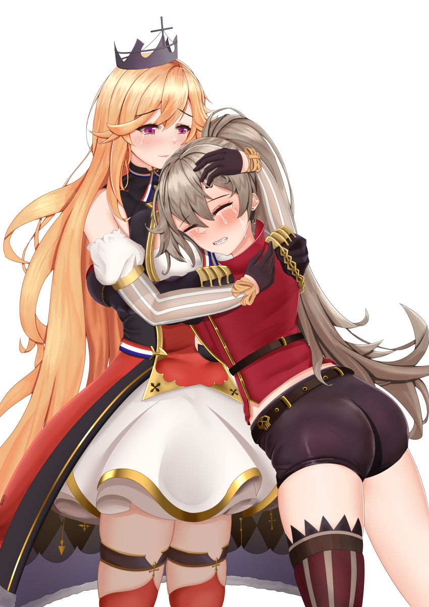2girls, absurdres, ass, asymmetrical_legwear, azur_lane, belt, black_belt, brown_gloves