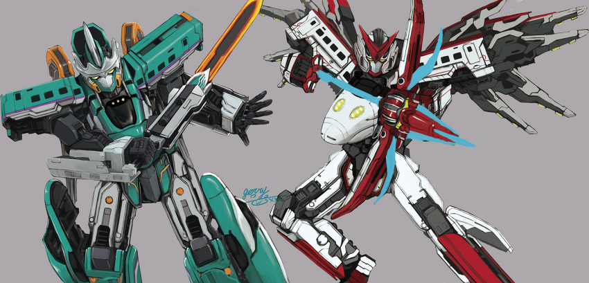 800_tsubame_(shinkalion), bow_(weapon), geri_kumaarashi, grey_background, h5_hayabusa_(shinkalion), holding, holding_bow_(weapon), holding_sword