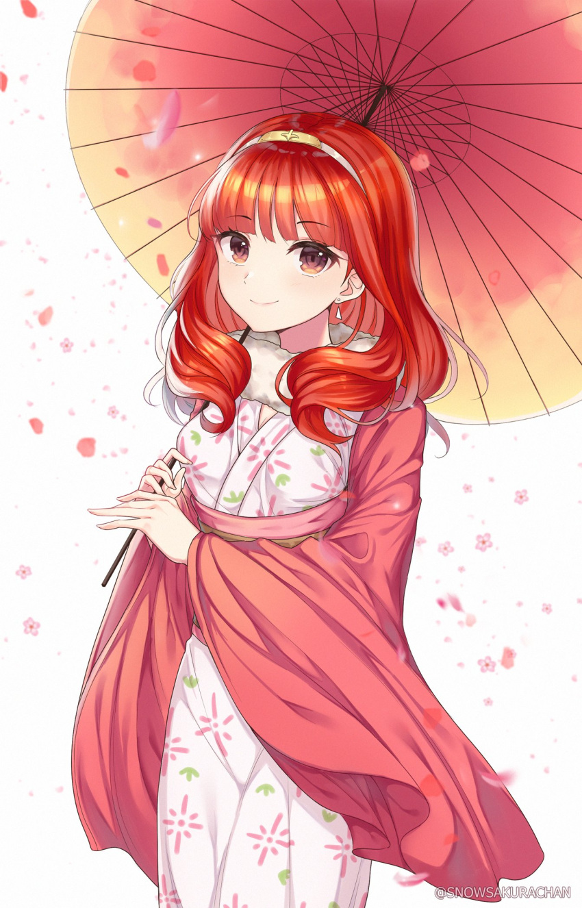 1girl, alternate_costume, blurry, celica_(fire_emblem), cherry_blossoms, depth_of_field, earrings, fire_emblem