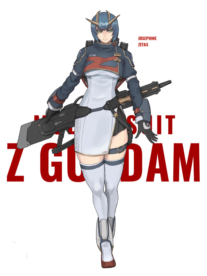 1girl, bangs, black_gloves, blue_hair, breasts, character_name, chinese_commentary, dress