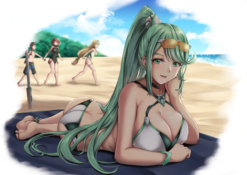 1boy, 3girls, bangs, blonde_hair, breasts, chest_jewel, diehong, earrings