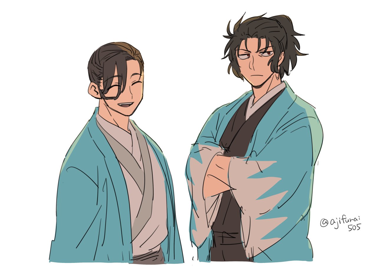 2boys, :d, ^_^, asaya_minoru, bangs, black_hair, black_kimono, closed_eyes