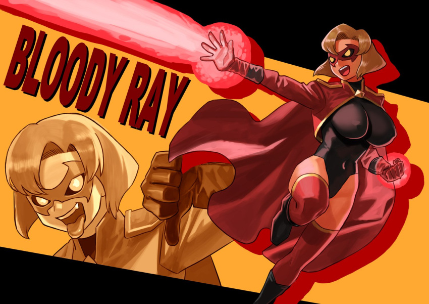 1girl, black_leotard, breasts, cape, character_name, clenched_hand, commentary_request, covered_navel