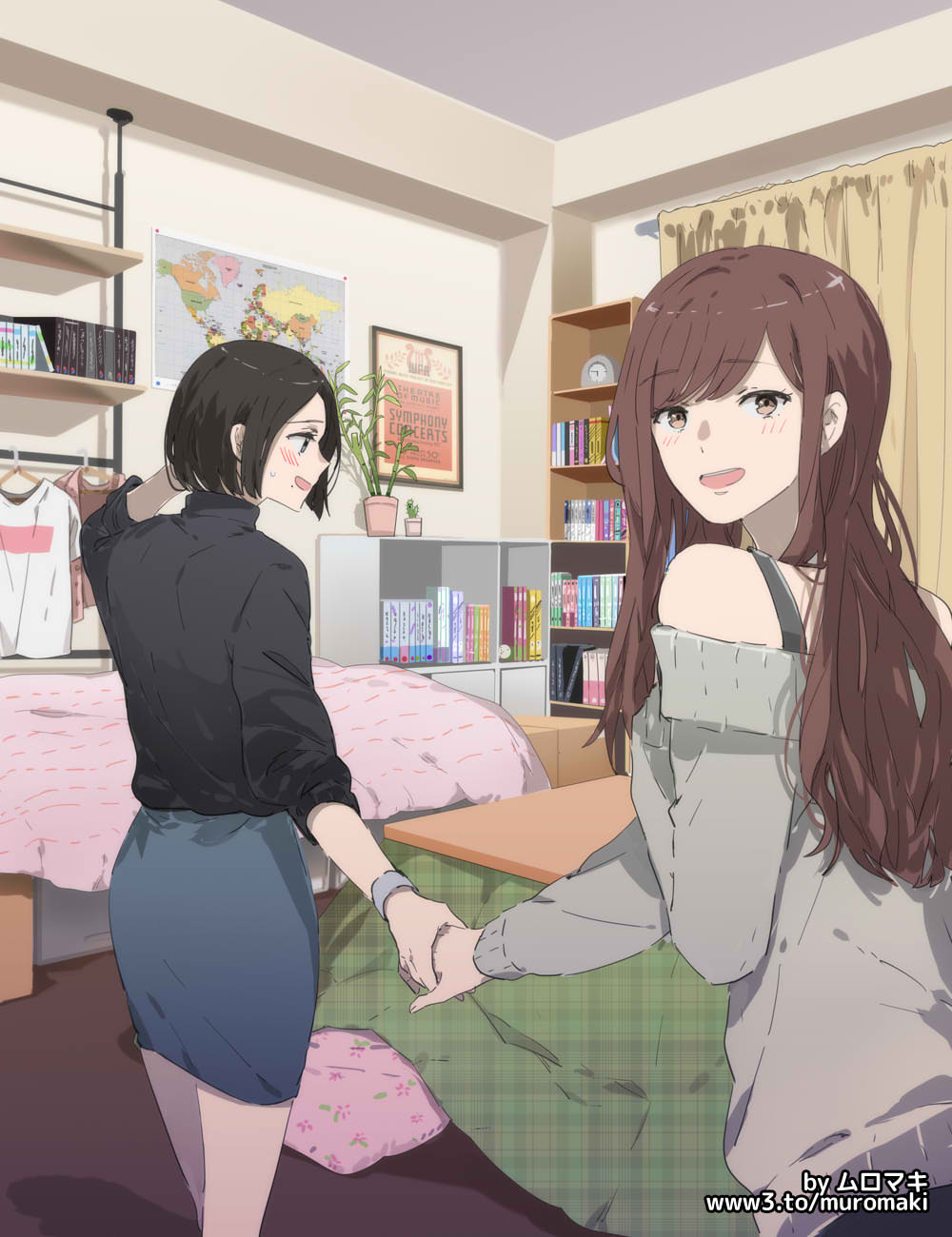2girls, artist_name, bed, bedroom, black_hair, black_shirt, blue_skirt, blush