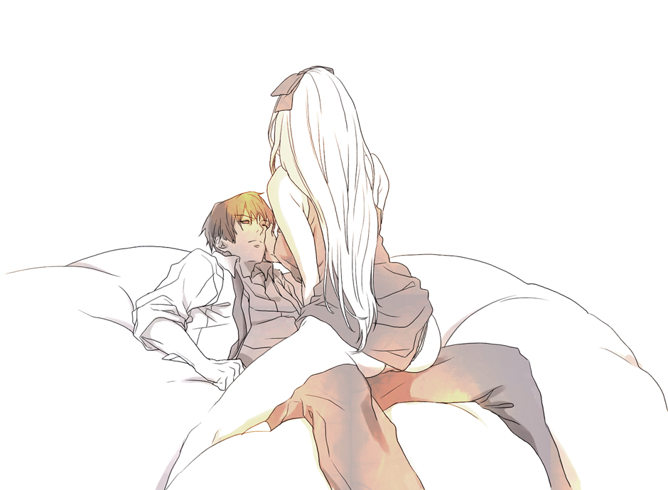 1girl, ass, axis_powers_hetalia, bad_id, bed, belarus_(hetalia), caress, casual, couple, hair_ribbon, japan_(hetalia), kusumori_shiba, lap_sitting, long_hair, panties, ribbon, short_dress, short_hair, sitting, sitting_on_lap, sitting_on_person, underwear