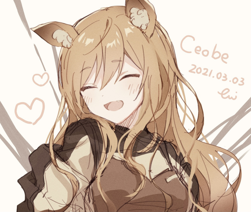 1girl, :d, ^_^, animal_ear_fluff, animal_ears, arknights, bangs, blush, brown_background, brown_dress, brown_hair, ceobe_(arknights), character_name, closed_eyes, dated, dog_ears, dress, eyebrows_visible_through_hair, facing_viewer, fang, hair_between_eyes, heart, long_hair, nstlgie, open_mouth, signature, sketch, smile, solo, upper_body