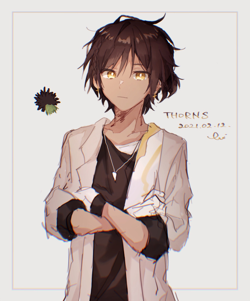 1boy, arknights, bangs, black_hair, black_shirt, braid, brown_eyes, character_name, closed_mouth, collarbone, crossed_arms, dark_skin, dark-skinned_female, dated, gloves, grey_background, grey_jacket, hair_between_eyes, highres, jacket, long_sleeves, looking_at_viewer, male_focus, nstlgie, open_clothes, open_jacket, shirt, signature, solo, thorns_(arknights), upper_body, white_gloves