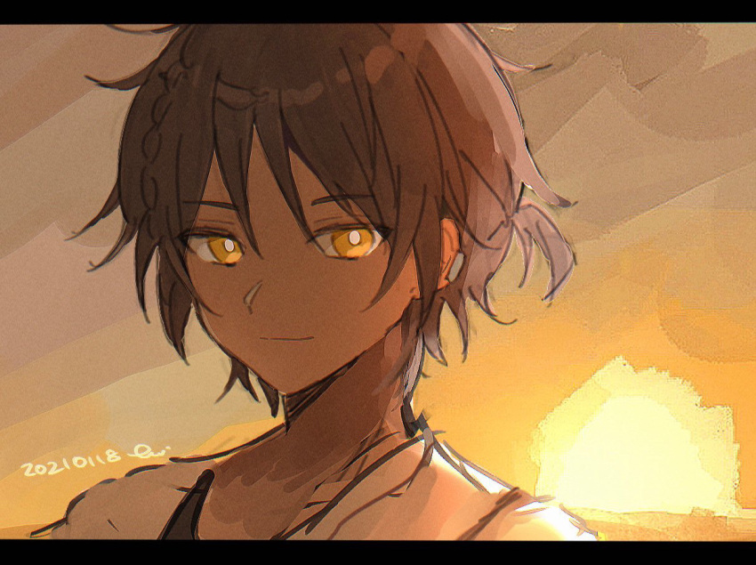 1boy, arknights, bangs, braid, brown_eyes, brown_hair, closed_mouth, dark_skin, dark-skinned_female, dated, eyebrows_visible_through_hair, hair_between_eyes, letterboxed, male_focus, nstlgie, smile, solo, thorns_(arknights), upper_body
