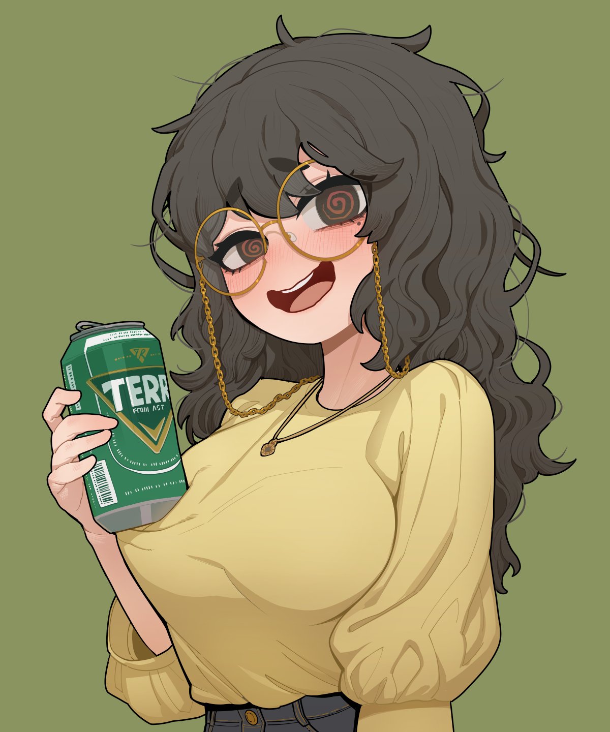 1girl, @_@, alcohol, bangs, beer, beer_can, black_hair, blouse, blush, breasts, can, chain, commission, drunk, english_commentary, eyebrows_visible_through_hair, eyewear_chain, glasses, green_background, highres, holding, holding_can, jewelry, long_hair, medium_breasts, messy_hair, mole, mole_under_eye, necklace, open_mouth, orange_eyes, original, round_eyewear, simple_background, solo, sparrowl, terra_(beer), thick_eyebrows, upper_teeth, wavy_mouth, yellow-framed_eyewear, yellow_blouse