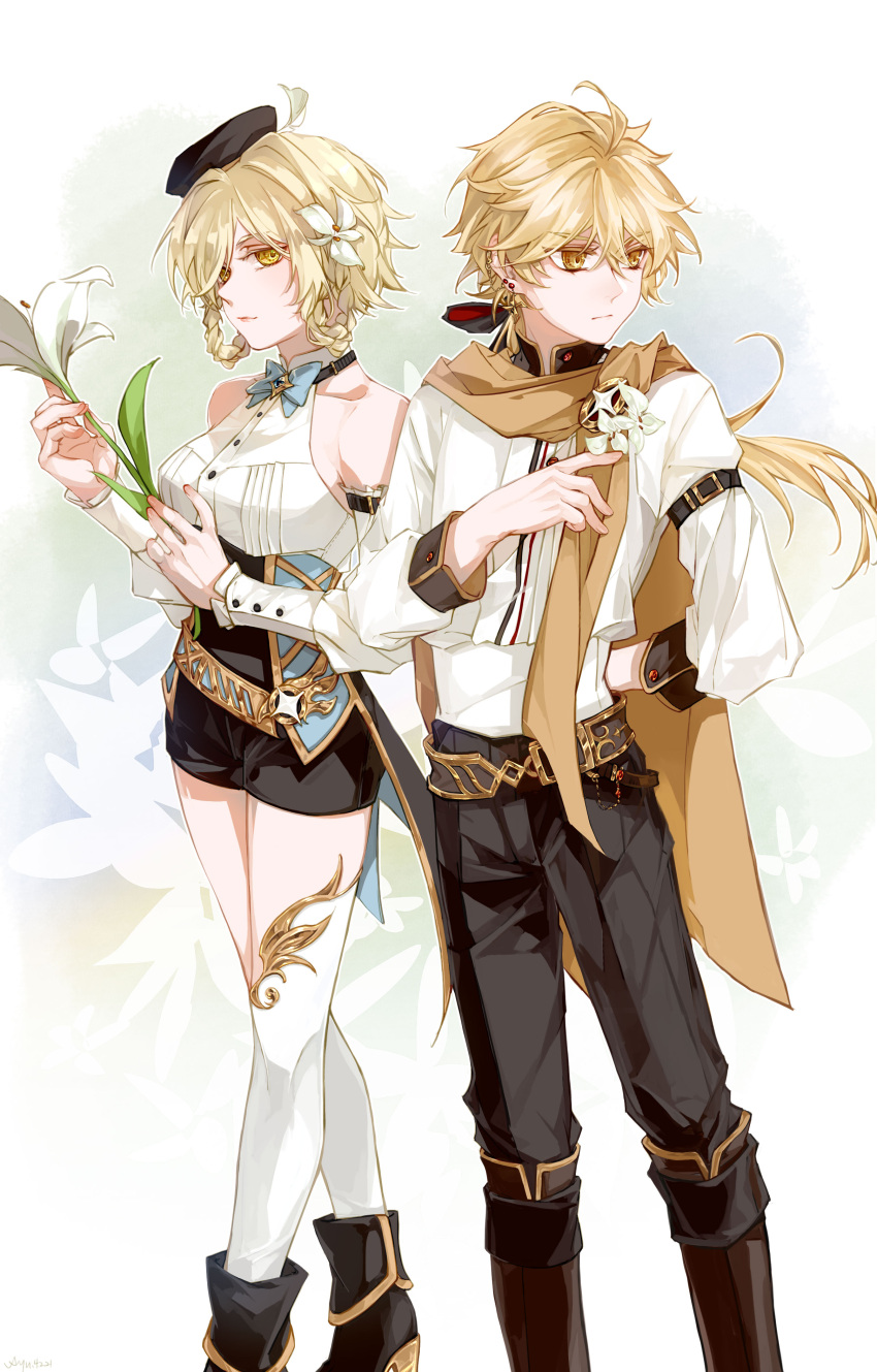 1boy, 1girl, abstract_background, absurdres, aether_(genshin_impact), alternate_costume, alternate_hairstyle, ankle_boots