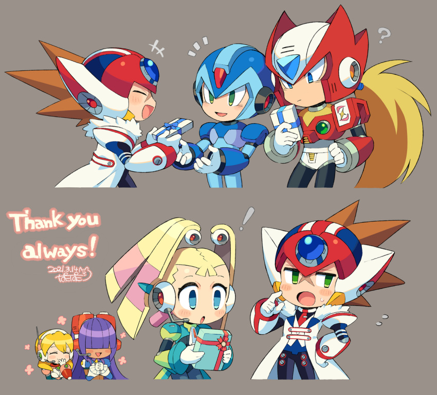 !, +++, 3boys, 3girls, :d, :o, ?, alia_(mega_man)