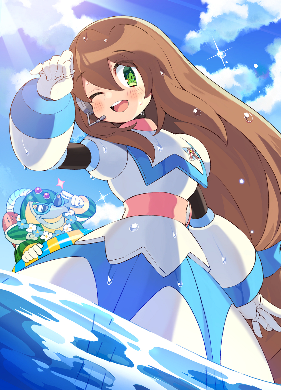 1boy, 1girl, ;d, alternate_color, android, arm_up, beak, blue_flower