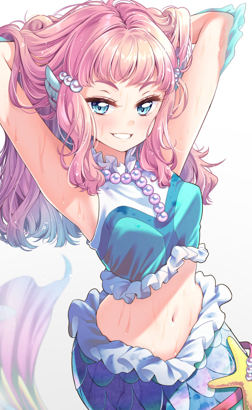 1girl, armpits, arms_up, blue_eyes, blush, breasts, eyelashes, grin