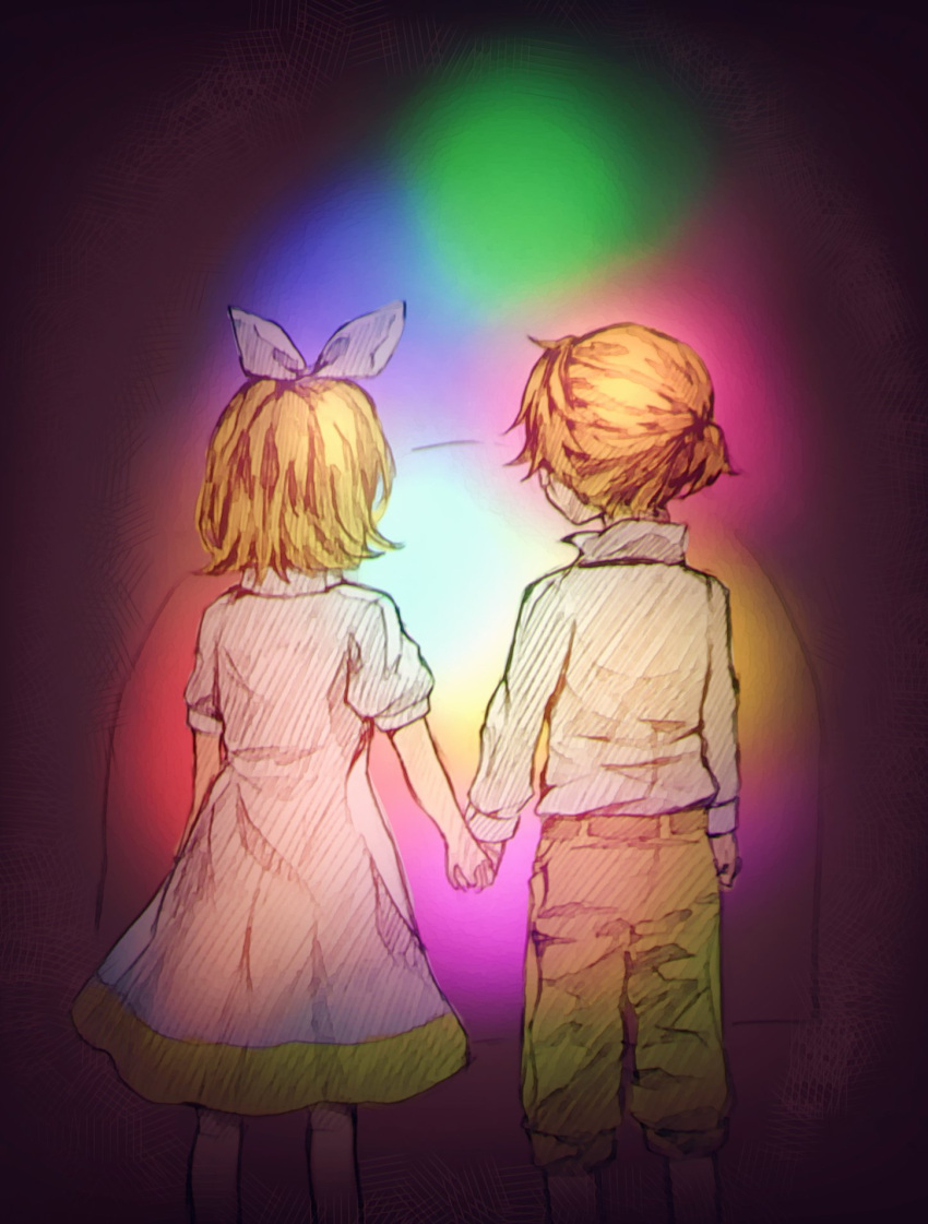 1boy, 1girl, aryuma772, back, blonde_hair, bow, brother_and_sister, brown_pants