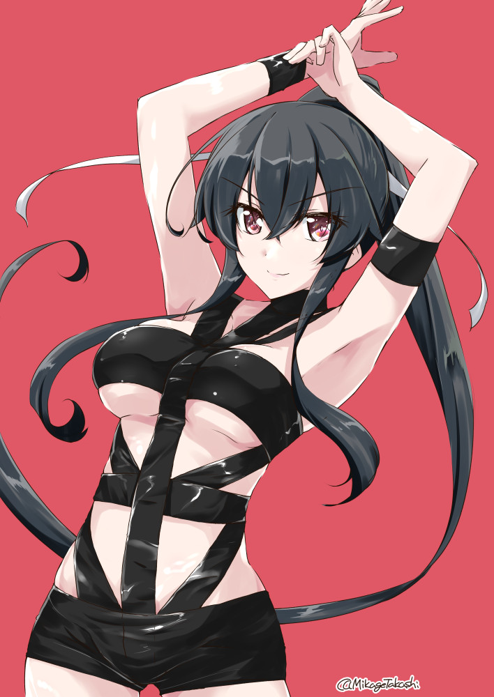 1girl, arms_up, bangs, bondage_outfit, breasts, eyebrows_visible_through_hair, hot_limit, kantai_collection