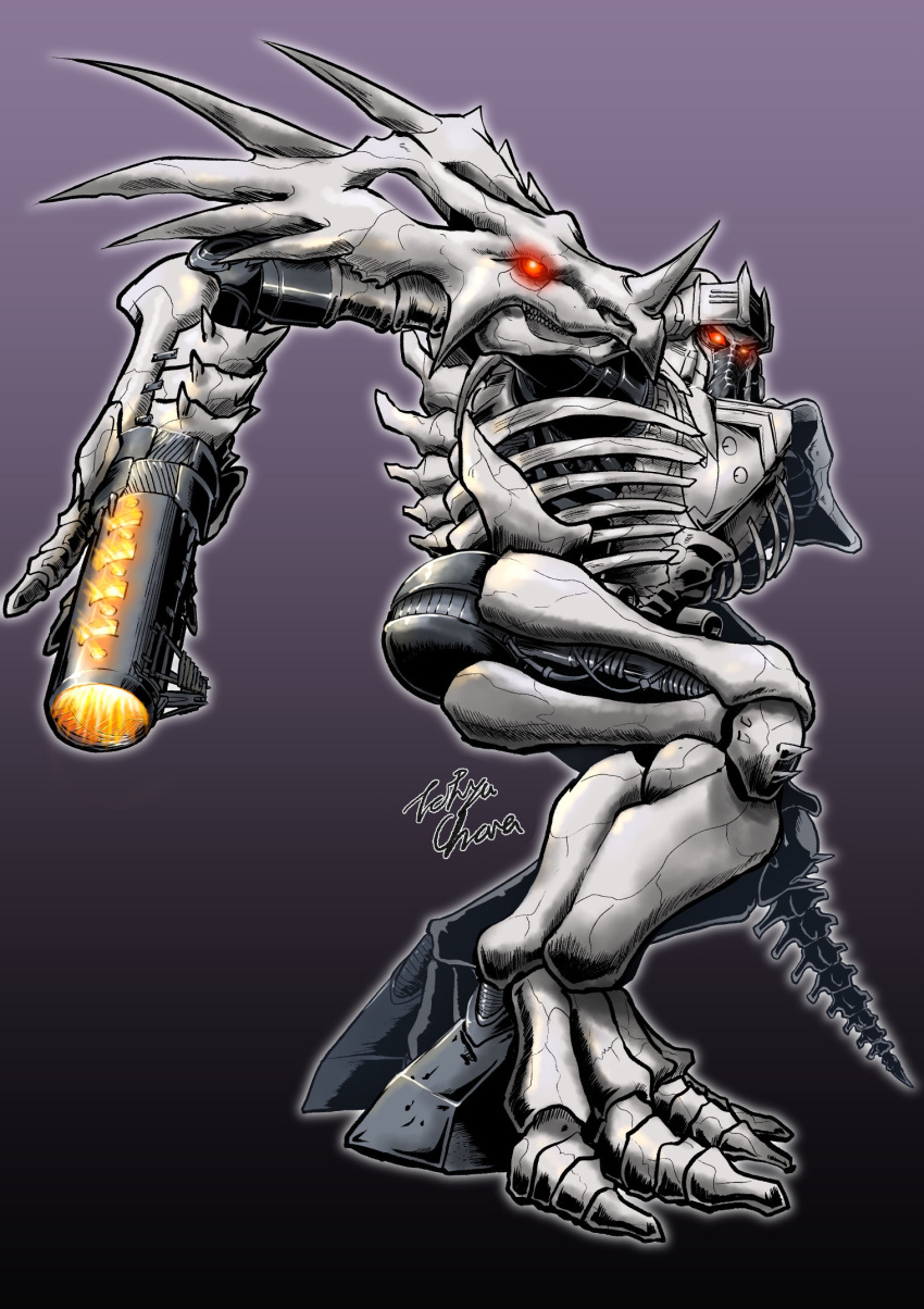 1girl, arm_cannon, asymmetrical_arms, beast_wars, blade, bone, dinosaur, fossil