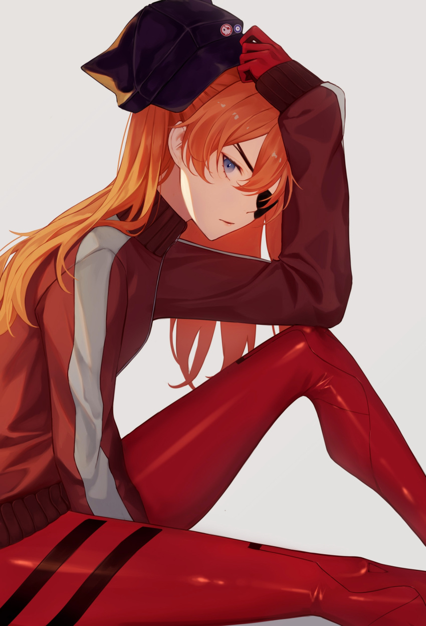 1girl, adjusting_clothes, adjusting_headwear, animal_hat, arm_up, bangs, black_headwear, blue_eyes, bodysuit, cat_hat, commentary, evangelion:_3.0_you_can_(not)_redo, eyepatch, feet_out_of_frame, from_side, grey_background, hair_between_eyes, hat, highres, hirein, jacket, knee_up, long_hair, long_sleeves, looking_at_viewer, neon_genesis_evangelion, orange_hair, parted_lips, plugsuit, rebuild_of_evangelion, red_bodysuit, red_jacket, shikinami_asuka_langley, shiny, shiny_clothes, shiny_hair, simple_background, sitting, solo, souryuu_asuka_langley, track_jacket, turtleneck, zipper_pull_tab