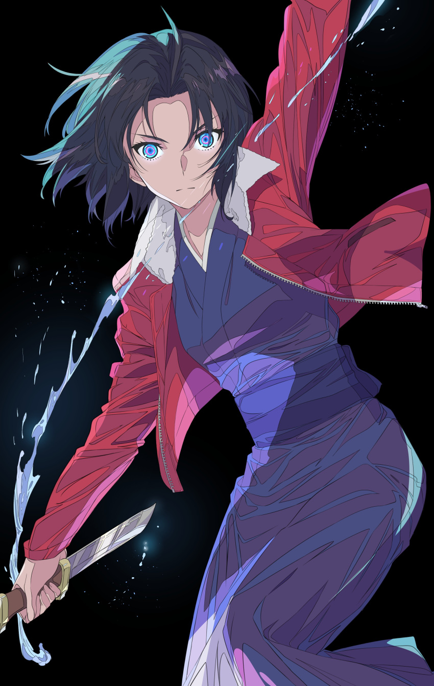1girl, absurdres, black_background, black_hair, blue_eyes, bomber_jacket, glowing, glowing_eyes