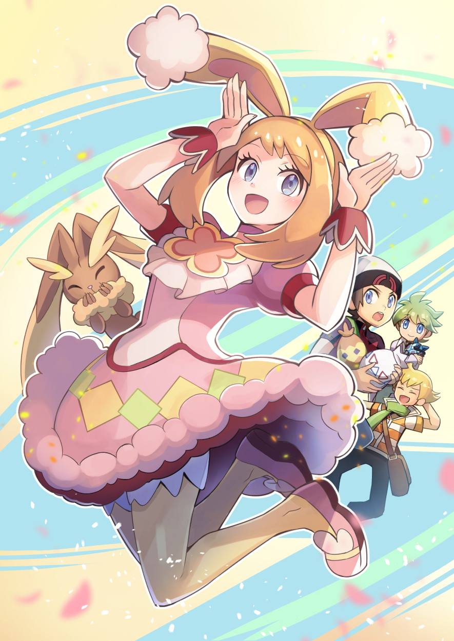 1girl, 3boys, :d, arm_behind_head, bangs, barry_(pokemon), beanie, black_pants