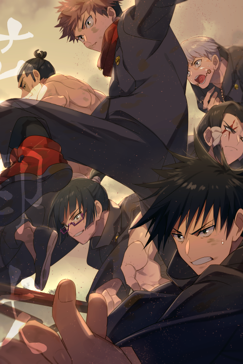 1girl, 5boys, bangs, black_eyes, black_hair, black_jacket, black_pants, brown_hair
