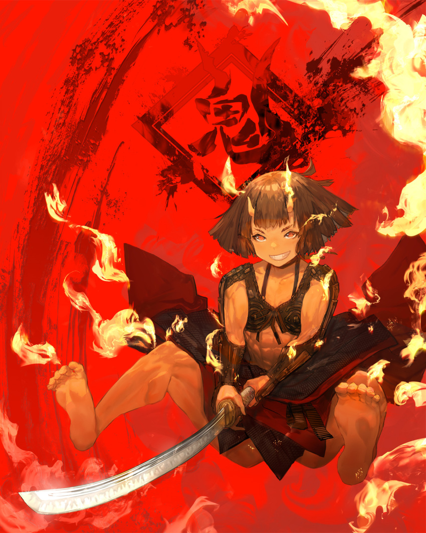 1girl, barefoot, black_hair, blood, fire, grin, highres, holding