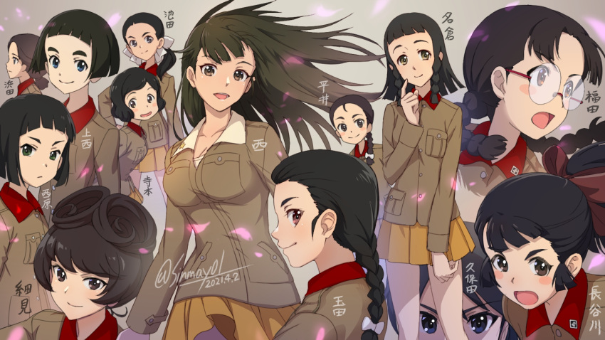 6+girls, black_hair, blue_eyes, braid, brown_eyes, character_name, cherry_blossoms, chi-hatan_military_uniform, fukuda_haru, girls_und_panzer, glasses, green_eyes, hair_rings, hamada_kiyo, hasegawa_tatsu, highres, hirai_hanako, hosomi_shizuko, ikeda_emi, kubota_rin, long_hair, multiple_girls, nagura_setsuko, nishi_kinuyo, nishihara_yasoko, petals, ponytail, round_eyewear, shinmai_(kyata), short_hair, simple_background, tamada_tamaki, teramoto_tomiko, twin_braids, uenishi_chiyoko