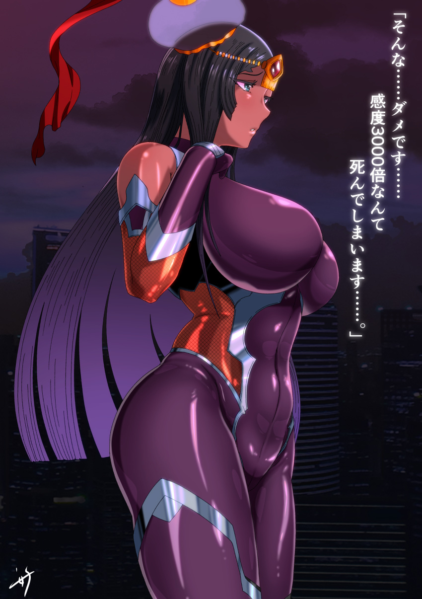 1girl, absurdres, black_hair, bodysuit, breasts, cosplay, covered_navel, cowboy_shot, curvy, dark_skin, dark-skinned_female, fate/grand_order, fate_(series), fishnet_bodysuit, fishnets, forehead_jewel, head_chain, highres, igawa_asagi, igawa_asagi_(cosplay), impossible_bodysuit, impossible_clothes, long_hair, namida_boshi, ninja, purple_bodysuit, scheherazade_(fate), shiny, shiny_clothes, shiny_hair, shiny_skin, silver_trim, skin_tight, skindentation, solo, taimanin_(series), taimanin_asagi, taimanin_suit
