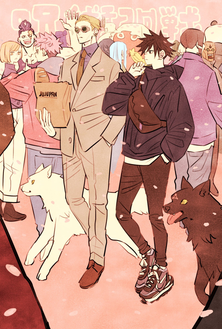 4girls, 6+boys, animal, bag, bangs, black_eyes, black_footwear, black_hair