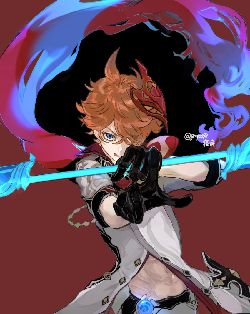 1boy, abs, bangs, black_background, black_gloves, blue_eyes, bow_(weapon), brown_hair