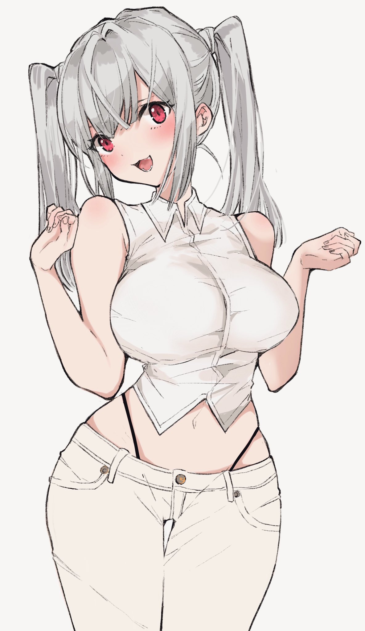 1girl, bangs, black_panties, blush, breasts, chigasaki_y, grey_background, grey_hair, hair_between_eyes, highleg, highleg_panties, highres, large_breasts, long_hair, looking_at_viewer, midriff, navel, open_mouth, original, panties, pants, red_eyes, shirt, sidelocks, simple_background, sleeveless, solo, twintails, underwear, white_shirt