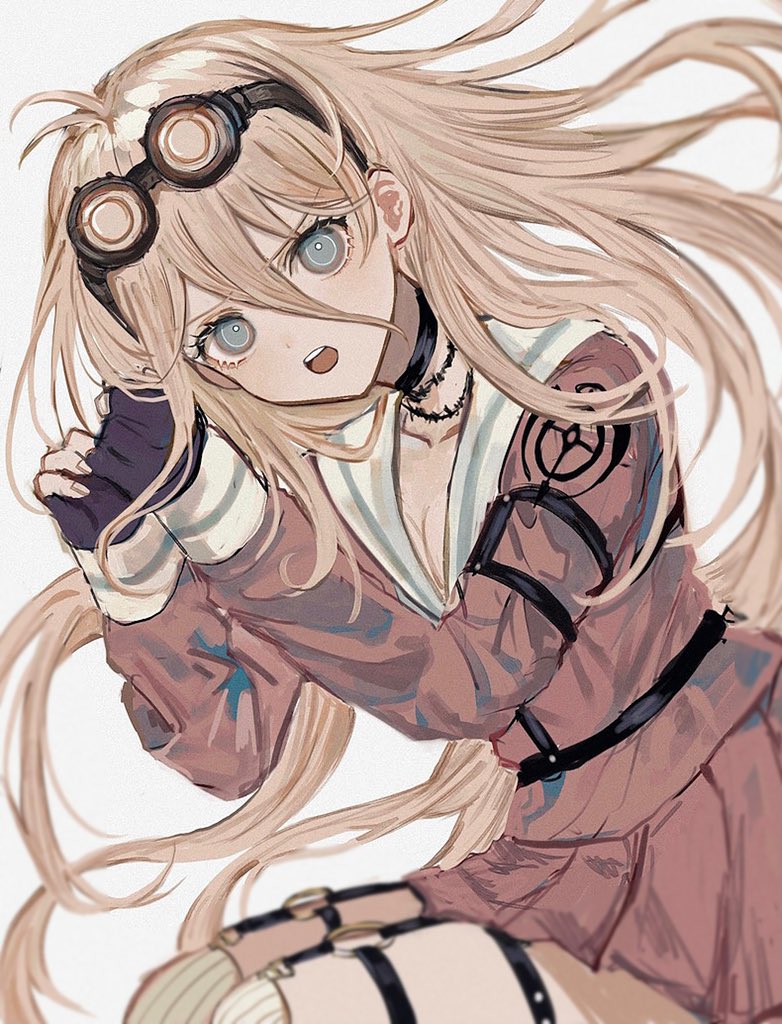 1girl, :o, antenna_hair, barbed_wire, black_choker, black_gloves, blonde_hair, blue_eyes