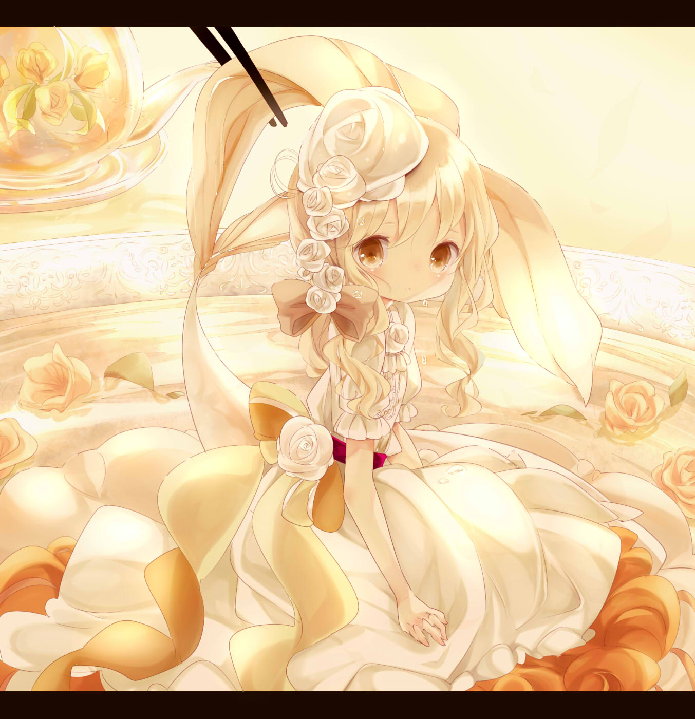 1girl, :o, black_border, blonde_hair, border, bow, brown_eyes, chopsticks, coco_(hinatacoco), curly_hair, dress, flower, hair_bow, hair_flower, hair_ornament, highres, leaf, medium_hair, mermaid, monster_girl, original, plate, short_sleeves, sitting, solo, teapot, water, white_dress, white_flower