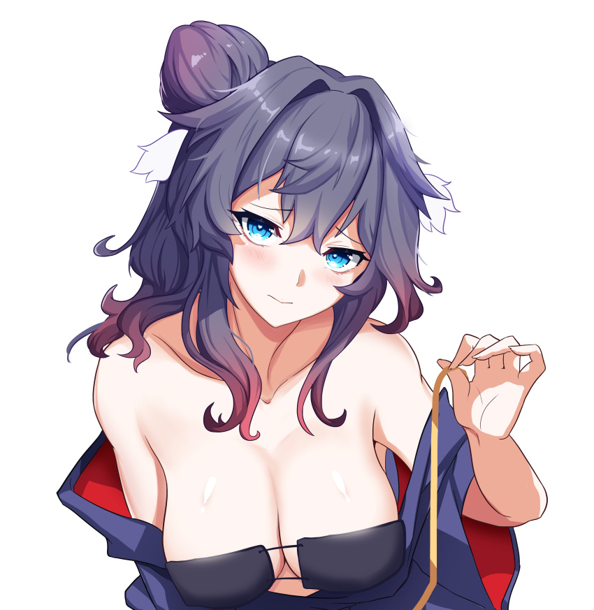1girl, absurdres, arknights, astesia_(arknights), bangs, bare_shoulders, bikini, black_bikini, blue_eyes, closed_mouth, collarbone, ddddecade, eyebrows_visible_through_hair, eyepatch_bikini, from_above, gradient_hair, hair_bun, hair_intakes, heart, heart-shaped_pupils, highres, holding, japanese_clothes, kimono, long_sleeves, looking_at_viewer, looking_up, multicolored_hair, off_shoulder, open_clothes, open_kimono, purple_hair, purple_kimono, redhead, simple_background, smile, solo, strapless, strapless_bikini, swimsuit, symbol-shaped_pupils, upper_body, white_background, wide_sleeves, yukata
