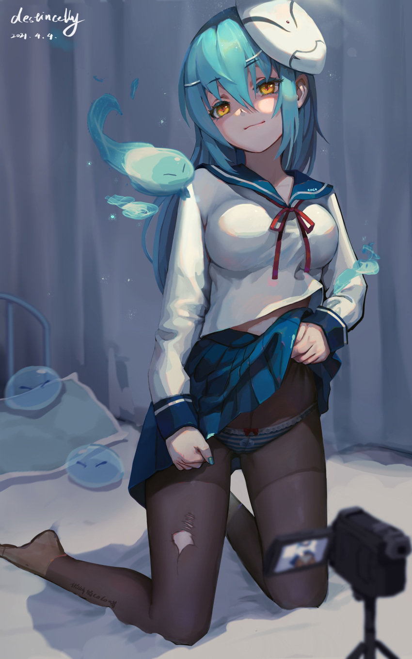 1girl, absurdres, bed_sheet, black_legwear, blue_hair, blue_nails, blue_panties, blue_sailor_collar