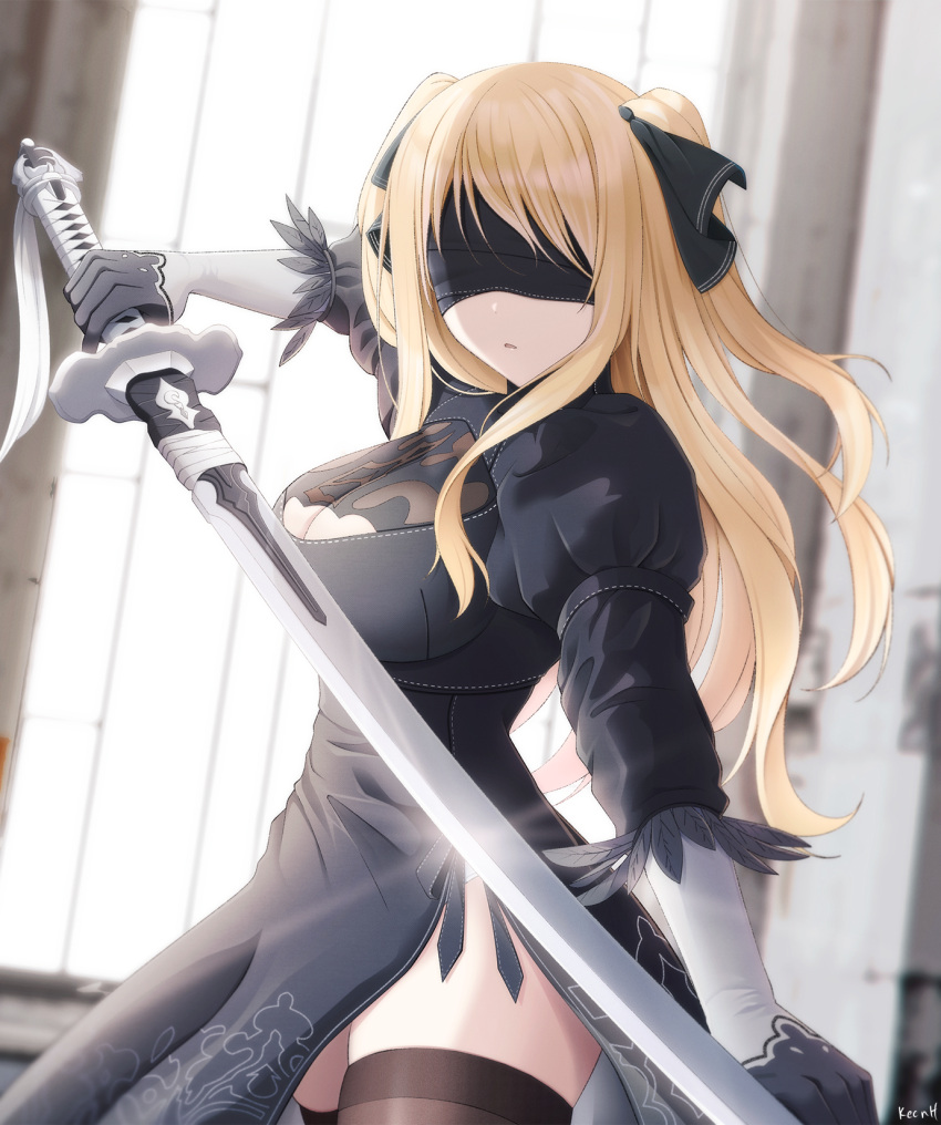 1girl, ao_no_kanata_no_four_rhythm, artist_name, bangs, black_blindfold, black_dress, black_gloves, black_legwear