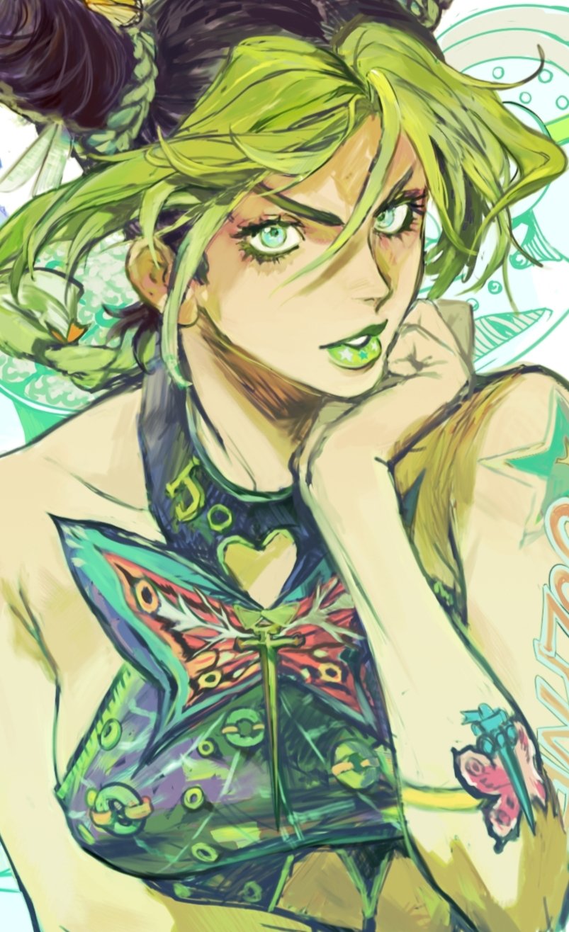 1girl, arm_tattoo, bare_shoulders, black_hair, braid, braided_bun, braided_ponytail, butterfly_tattoo, clothing_cutout, commentary_request, double_bun, eyelashes, floating_hair, green_eyes, green_hair, green_lips, halter_top, halterneck, hand_on_own_chin, head_rest, heart_cutout, highres, jojo_no_kimyou_na_bouken, kujo_jolyne, lantern_madoyoi, long_hair, looking_at_viewer, multicolored_hair, sleeveless, solo, stone_ocean, tattoo, two-tone_hair, upper_body