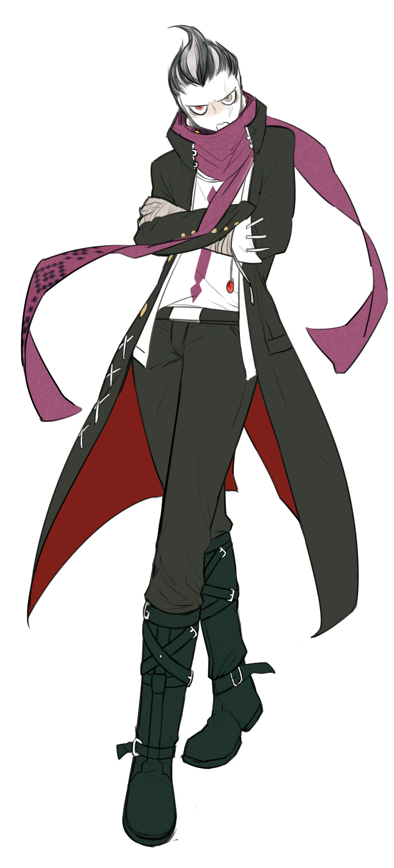 1boy, ahoge, arm_wrap, belt, black_footwear, black_hair, black_pants, crossed_arms, dangan_ronpa_(series), dangan_ronpa_2:_goodbye_despair, full_body, heterochromia, highres, kyori000, looking_at_viewer, male_focus, multicolored_hair, pale_skin, pants, purple_scarf, red_eyes, scar, scar_across_eye, scarf, silver_hair, solo, tanaka_gandamu, trench_coat, two-tone_hair, white_background