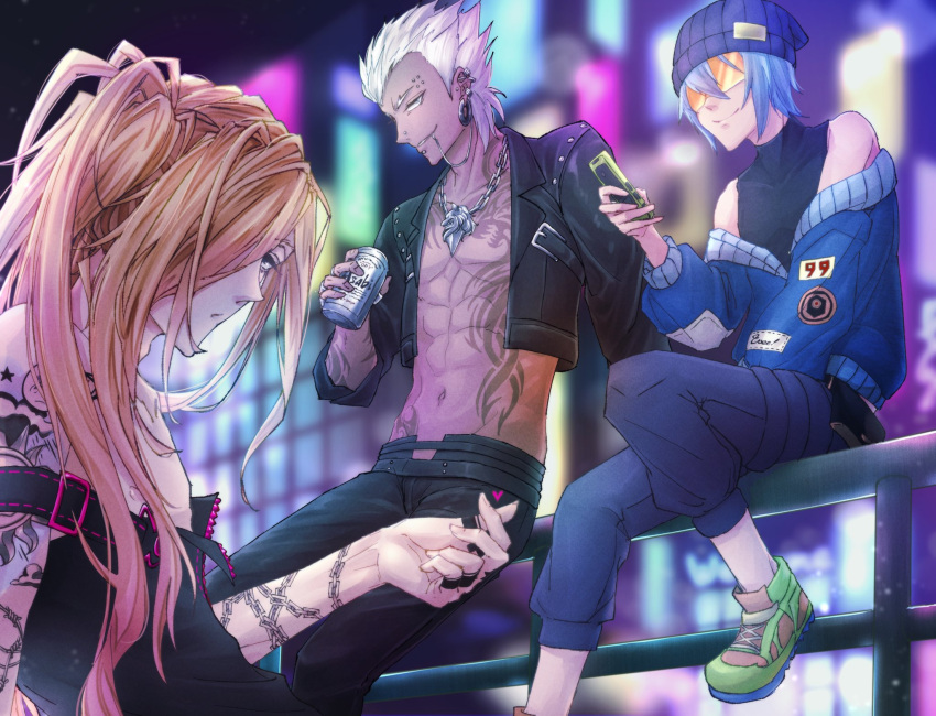 0urano0, 3boys, abs, arm_tattoo, beer_can, black_jacket, blue_headwear, blue_jacket