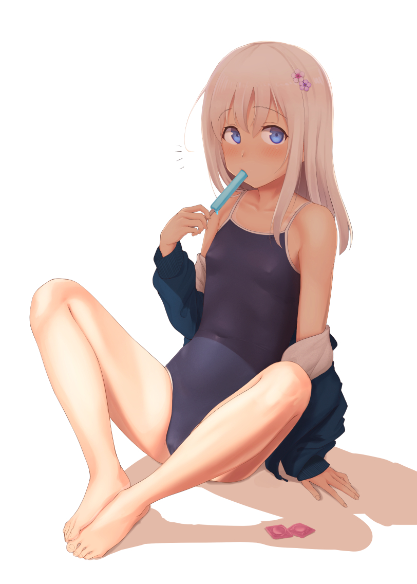 1girl, alternate_costume, bare_legs, barefoot, black_swimsuit, blue_eyes, blush, breasts