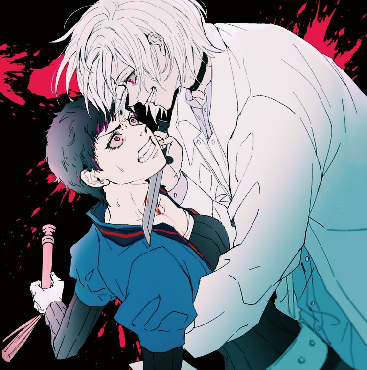 1boy, 1girl, akudama_drive, black_background, black_choker, black_hair, blood, blood_splatter