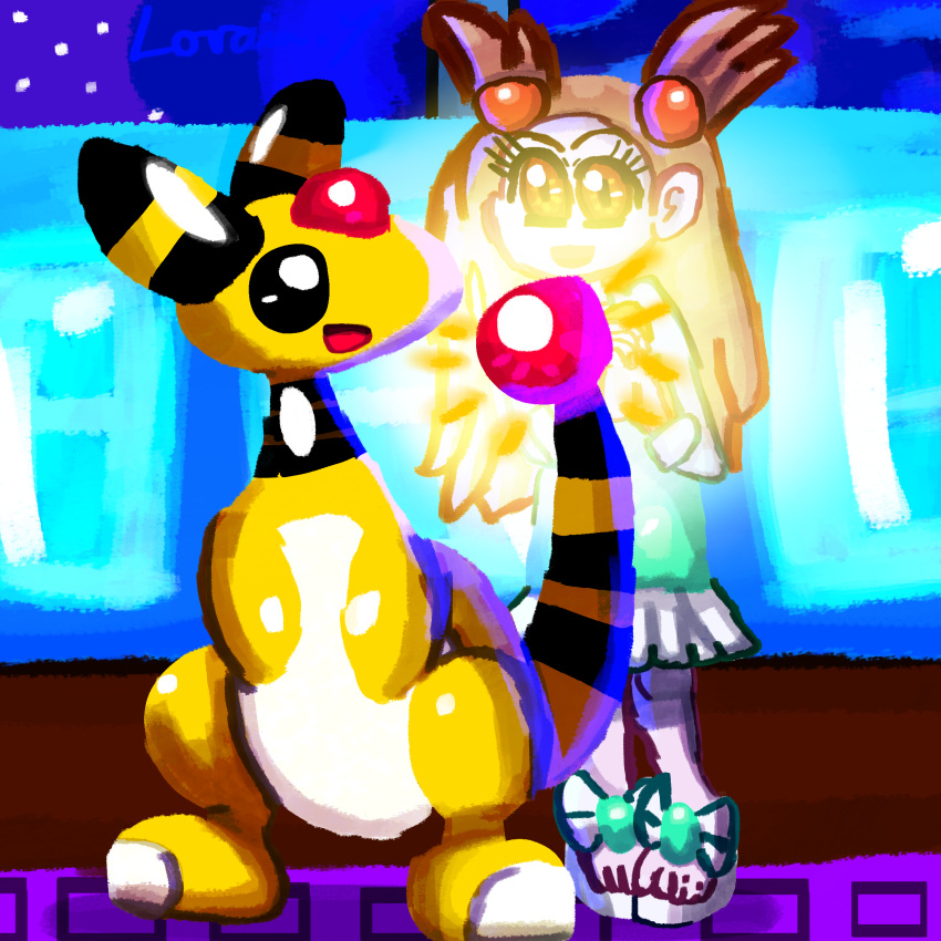 1girl, absurdres, ampharos, brown_hair, commentary, english_commentary, eyelashes, gameartist1993, gen_2_pokemon, gym_leader, hair_bobbles, hair_ornament, hand_up, happy, highres, jasmine_(pokemon), krita_(medium), long_hair, open_mouth, pigeon-toed, pokemon, pokemon_(creature), pokemon_(game), pokemon_hgss, sandals, self_upload, signature, smile, standing, toes, two_side_up, white_footwear