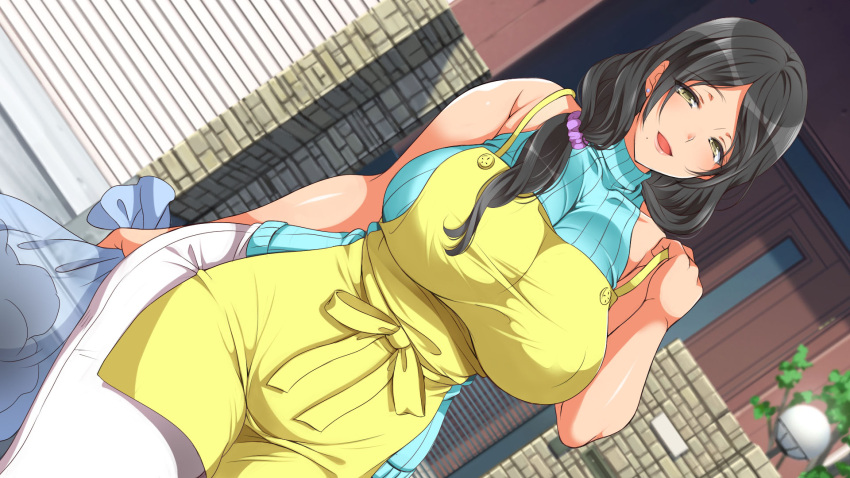 1girl, :d, apron, aqua_sweater, bag, bare_arms, black_hair, breasts