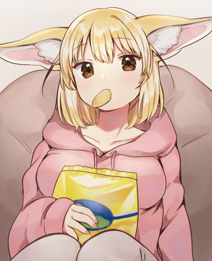 1girl, animal_ear_fluff, animal_ears, bag, bangs, bean_bag_chair, blonde_hair, breasts