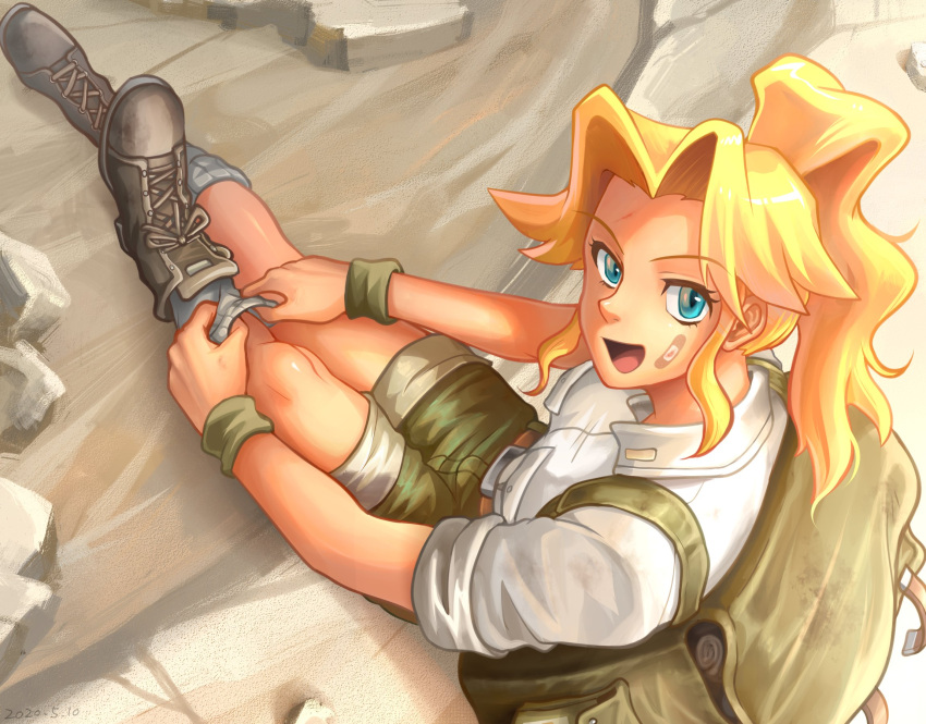 1girl, aikawa_rumi, backpack, bag, bandaid, bandaid_on_face, blonde_hair, blue_eyes, boots, breast_pocket, eyebrows_visible_through_hair, green_shorts, grey_footwear, high_ponytail, highres, long_hair, looking_at_viewer, metal_slug, open_mouth, pocket, sasisage, shirt, shorts, sitting, smile, socks, solo, white_legwear, white_shirt