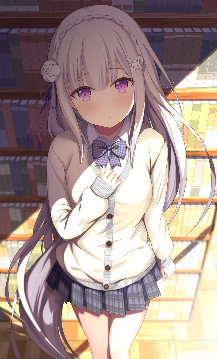 1girl, absurdres, against_bookshelf, alternate_costume, arm_at_side, blush, book, bookshelf